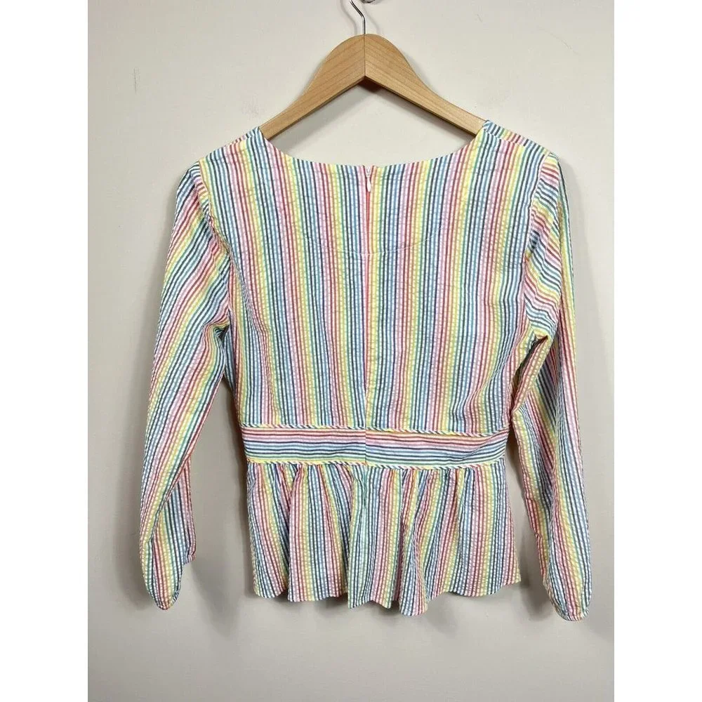 J. Crew Pastel Multicolor Striped V-Neck Peplum Top